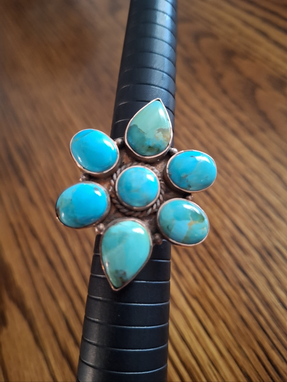 Ring Large Cluster Turquoise Natural Stones Copper Size 7.5